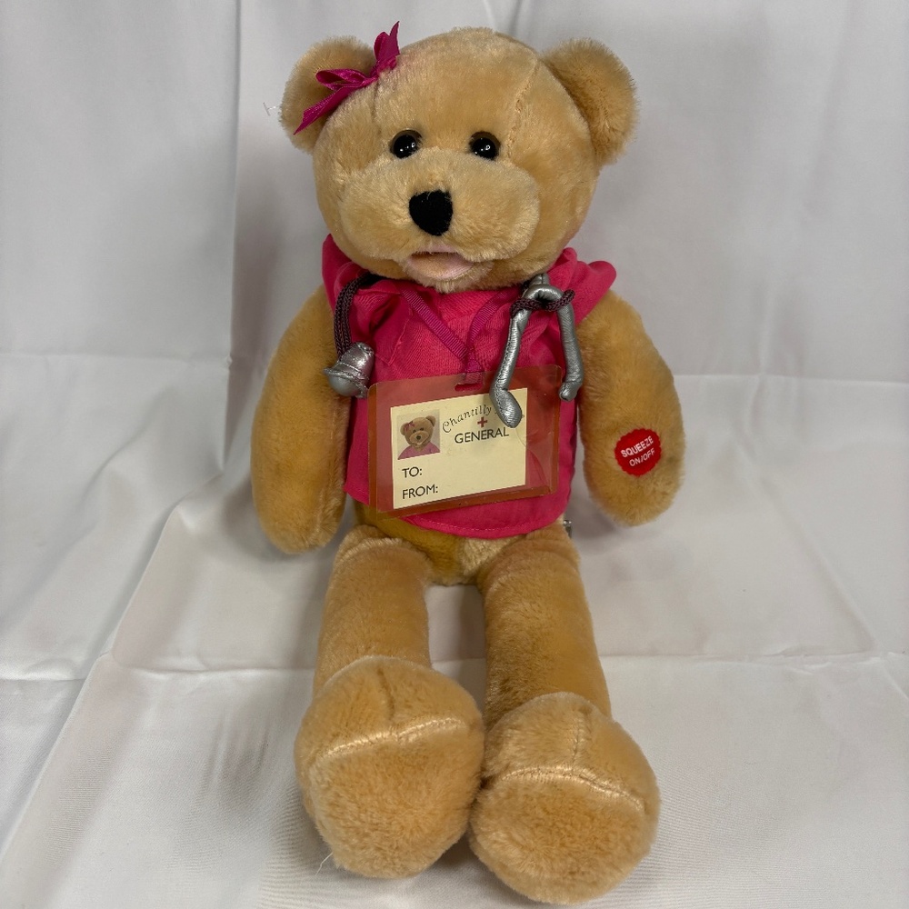 Chantilly Lane Nurse Bear Sings Pink Scrubs Top/Badge/Stet 19" Moves NO Sound